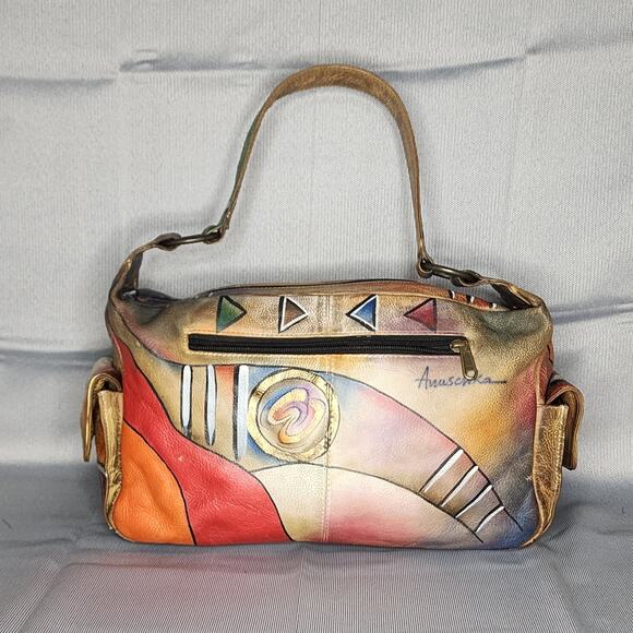 Anuschka Hand Painted Leather Satchel Multicolor Abstract Designs Shoulder Bag - Picture 2 of 12